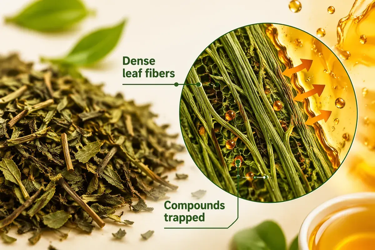 Illustration of dense tea leaf fibres holding soluble compounds that extraction water has to reach